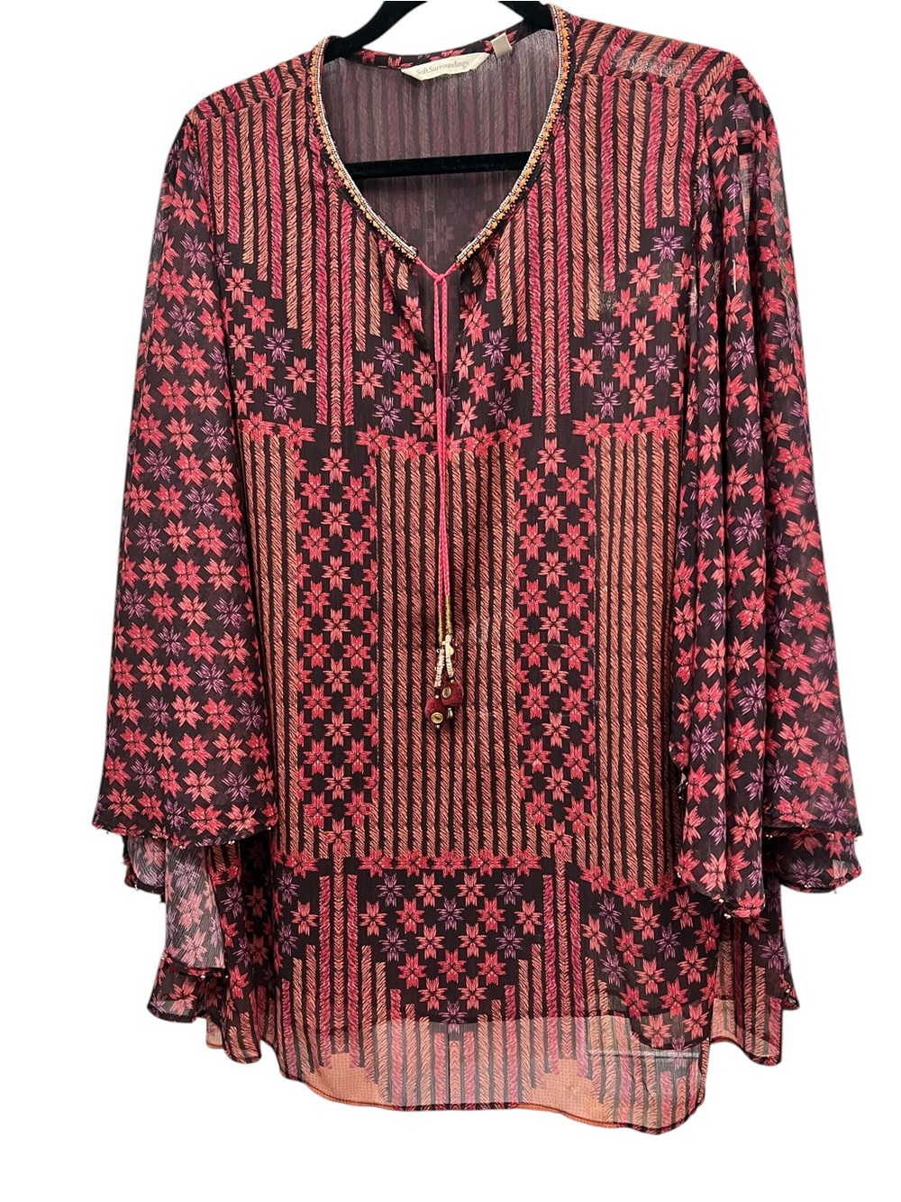 Soft Surroundings Floral & Stripe Sheer Tunic in Red and Black size L EUC
